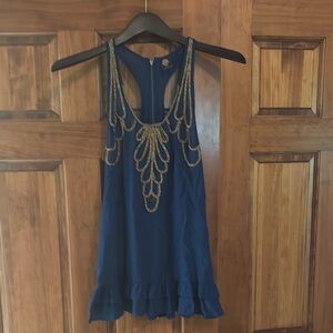 Free People Blue Ruffled Tank Top with Gold Embellishments